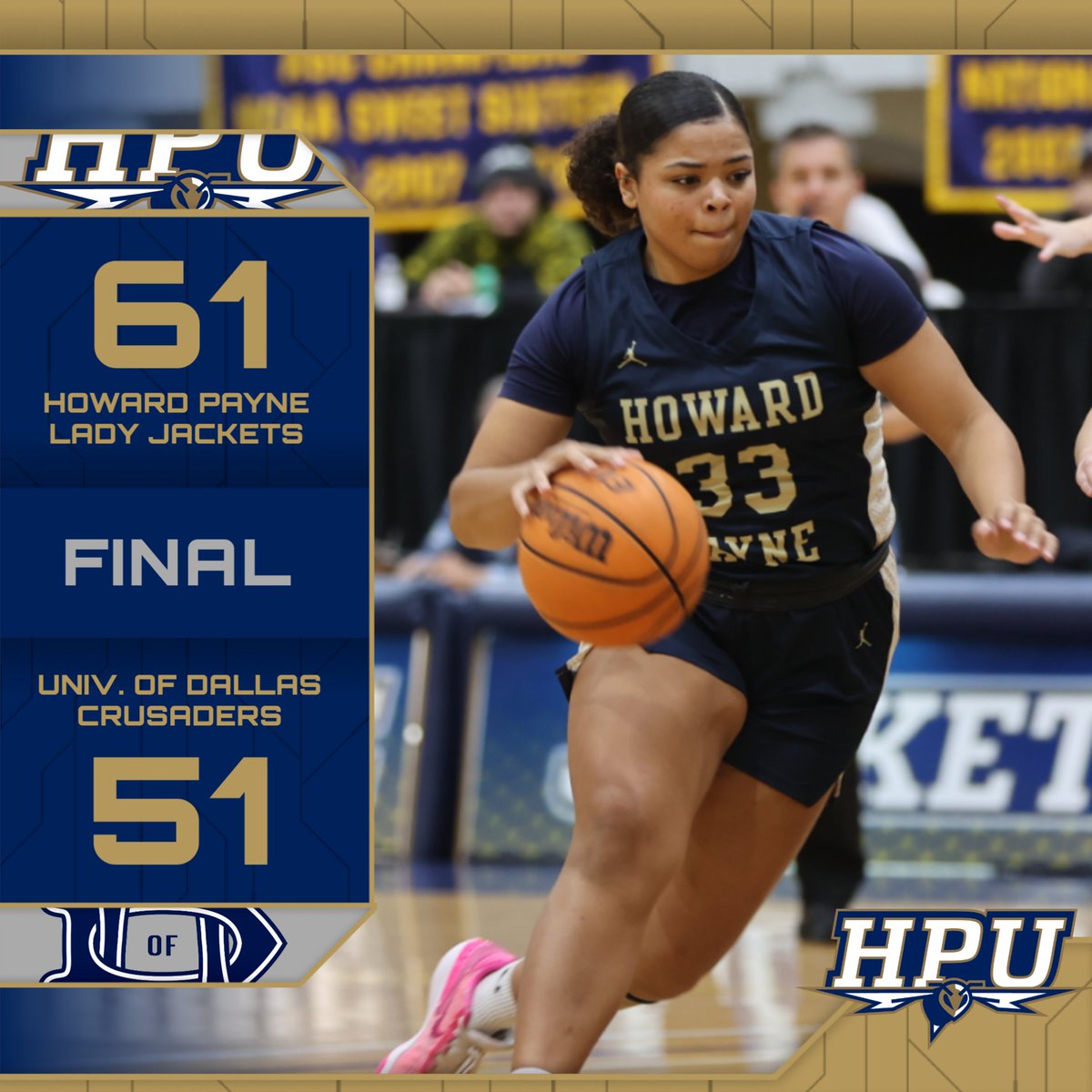 WBB FINAL
HPU-61
UDallas-51
Madison Clay led HPU with 16 points followed by Caitlyn Panuco with 11 points and 14 rebounds. Tatum Walker added 8 points and 11 rebounds.