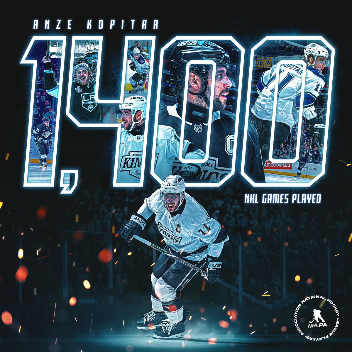 NHLPA's tweet photo. A milestone fit for a 🫅 

Congratulations to Anze Kopitar, who becomes the first member of the @LAKings to play 1,400 regular-season games with the franchise. https://t.co/WvRB4kxJZZ
