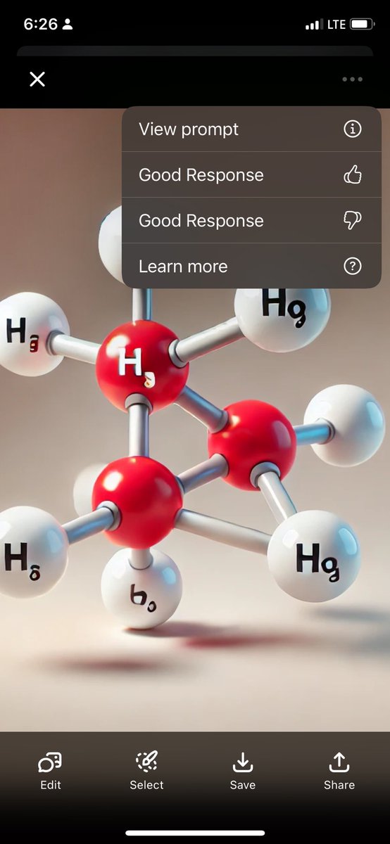 Trevlaar's tweet photo. Using IOS ChatGPT app. The only feedback I can provide in ChatGPT image generated is a good response. I tried generating an image of H2o. @OpenAI https://t.co/R5VeSq78u7