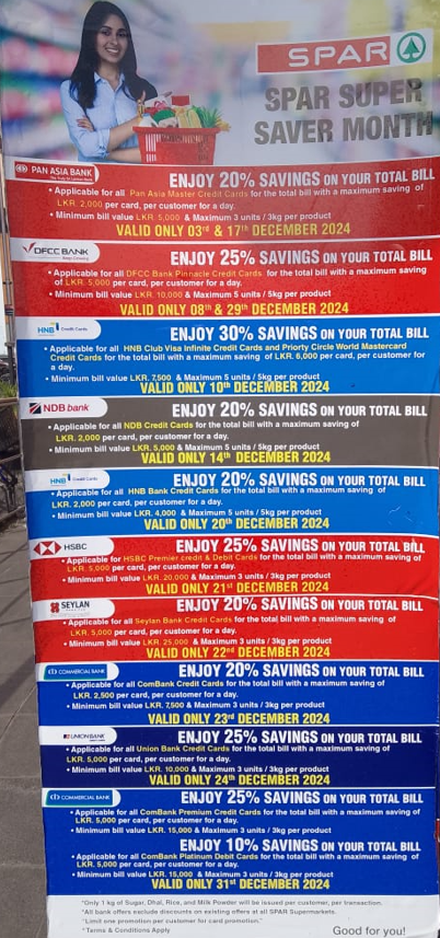 Channa_Amare's tweet image. SPAR continuing aggressive credit card discounts aimed at #lka affluent urban customers

More restrictions now, but up to 30% off total bill offers are enticing

➡️ Likely taking customers from rivals, yet supermarket segment itself also growing in SL

#CSE #CARG #CCS #RICH #SHL