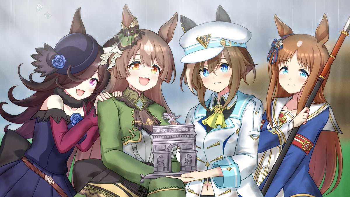 シュヴァルグラン(ウマ娘) ,ライスシャワー(ウマ娘) ,サトノダイヤモンド(ウマ娘) 「Skebで描かせていただいた大会の優勝記念イラスト初めて描くキャラばかりで大変だ」|ホクトロ🈚のイラスト