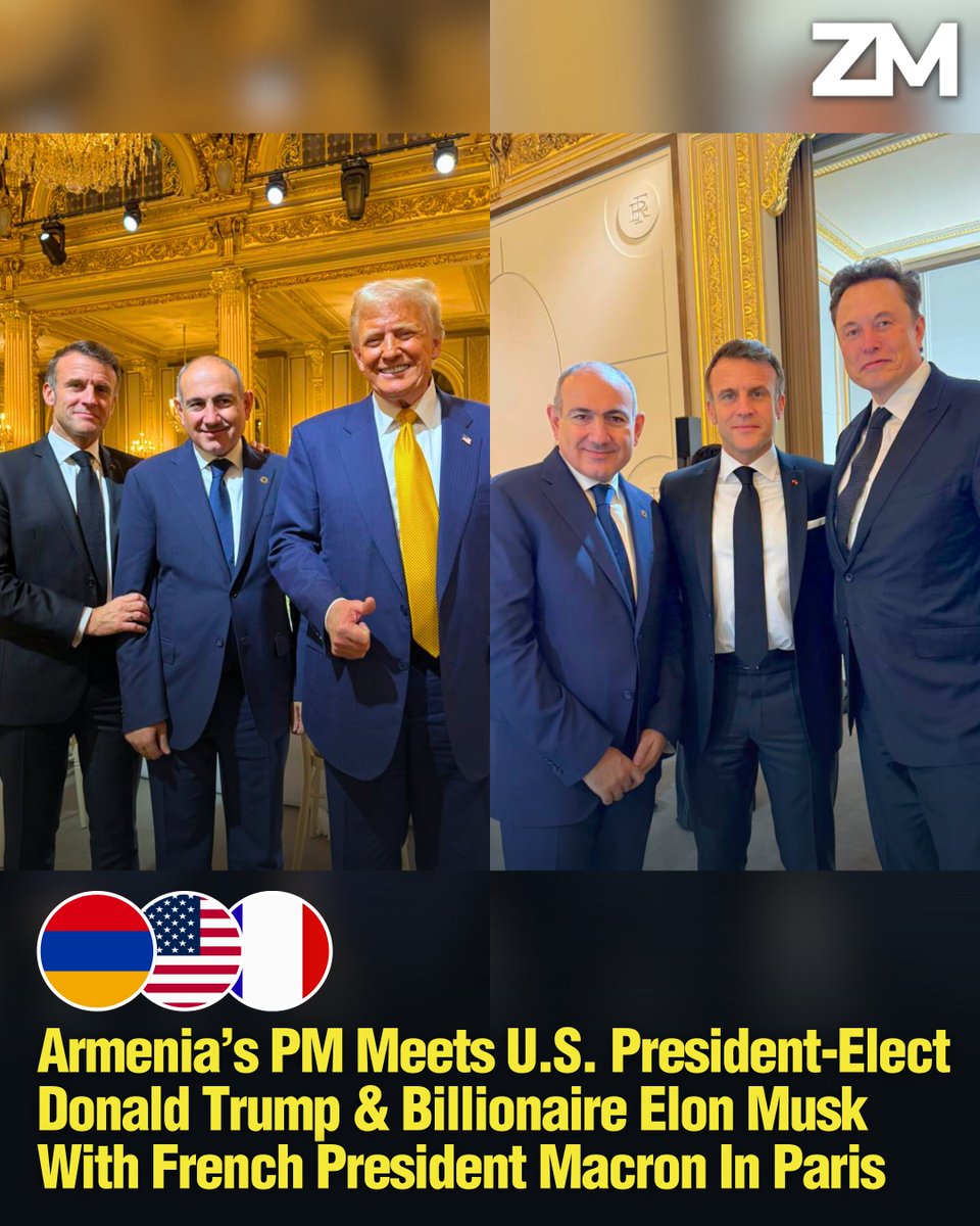 ZartonkMedia's tweet photo. 🇦🇲🇺🇸🇫🇷 Armenia’s Prime Minister Meets U.S. President-Elect Donald Trump & Billionaire Elon Musk With French President Macron In Paris
➖➖➖
Armenian Prime Minister Nikol Pashinyan participated in two separate discussions in Paris. He first met with U.S. President-elect Donald Trump and French President Emmanuel Macron. Later, Pashinyan met with entrepreneur Elon Musk and President Macron.

These meetings took place at the Élysée Palace, President Macron’s official residence, after the Notre Dame Cathedral reopening ceremony in Paris, France, where other leaders also convened.