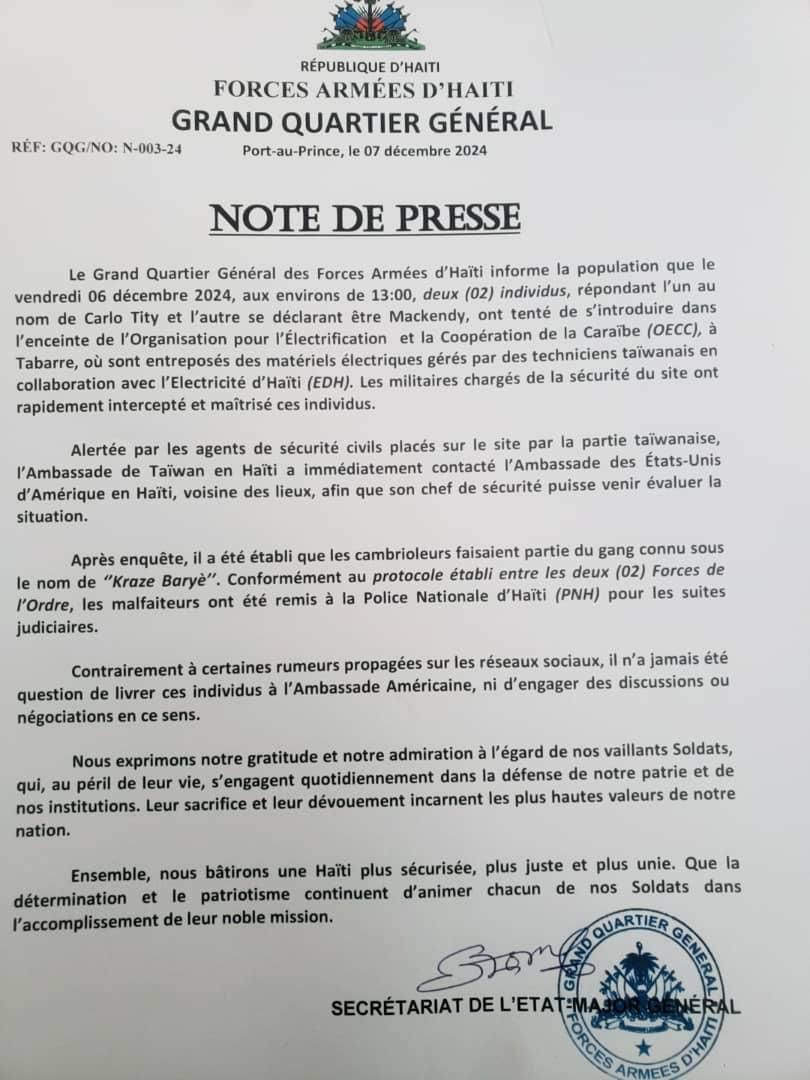 FORCES ARMÉES D’HAÏTI (FAD’H)

Port-au-Prince, le samedi 7 décembre 2024

             NOTE DE PRESSE