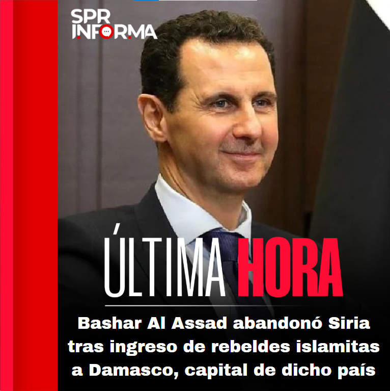 MXReferencia's tweet photo. #UltimaHora | #Internacional

El Observatorio Sirio de Derechos Humanos (#OSDH) reporta que Bashar al-Ásad, presidente de la República Árabe de Siria, salió de dicho país por medio de un avión privado, luego de que rebeldes islamistas anunciaron que lograron entrar a la capital #Damasco.