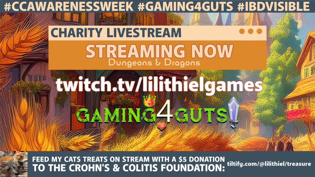 Lilithiel's tweet image. NOW LIVE AT twitch.tv/lilithielgames
Continuing our annual @gaming4guts fundraiser for @crohnscolitisfoundation with D&amp;amp;D: Mysteries of Mulchou.  Donate $5 to feed my cats Greenies on stream, they&apos;ll love you and so will I! #CCAwarenessWeek #IBDVisible #Gaming4Guts