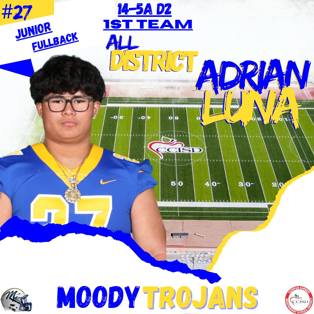 Congratulations to Junior Adrian Luna for earning Unanimous 1st Team All-District Fullback! Adrian finished the season with 177 Carries, 948 Yards, and 16 TDs.
<a href="/AdrianLJ_27/">Adrian Luna</a>
#TrojanPride🔵🟡