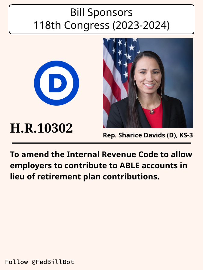 FedBillBot's tweet image. H.R.10302
To amend the Internal Revenue Code to allow employers to ...

SPONSOR: @RepDavids @sharicedavids
№ CO-SPONSORS: 1

STATUS: Introduced

LATEST ACTION: House floor - 2024-12-05 Referred to the House ...

#Democrats

congress.gov/bill/118th-con…