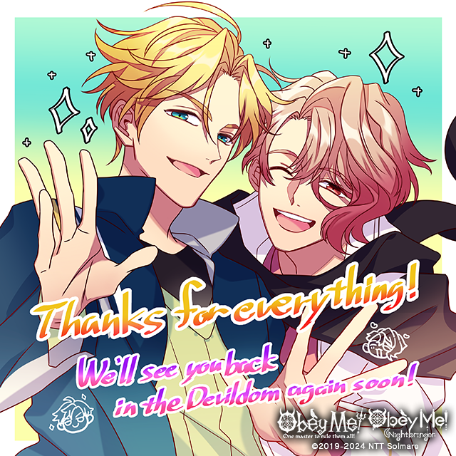 ObeyMeNB's tweet photo. ＼Thank You Picture #2／
Here's to even more memories together! 💜

Satan: Our home will always be your home. Nothing will ever change that.
Asmodeus: I can't ever express how much I love, love, love you! Let me give you a big hug next time I see you, 'kay? ♡
#ObeyMeNightbringer https://t.co/C6VjPz9YMa