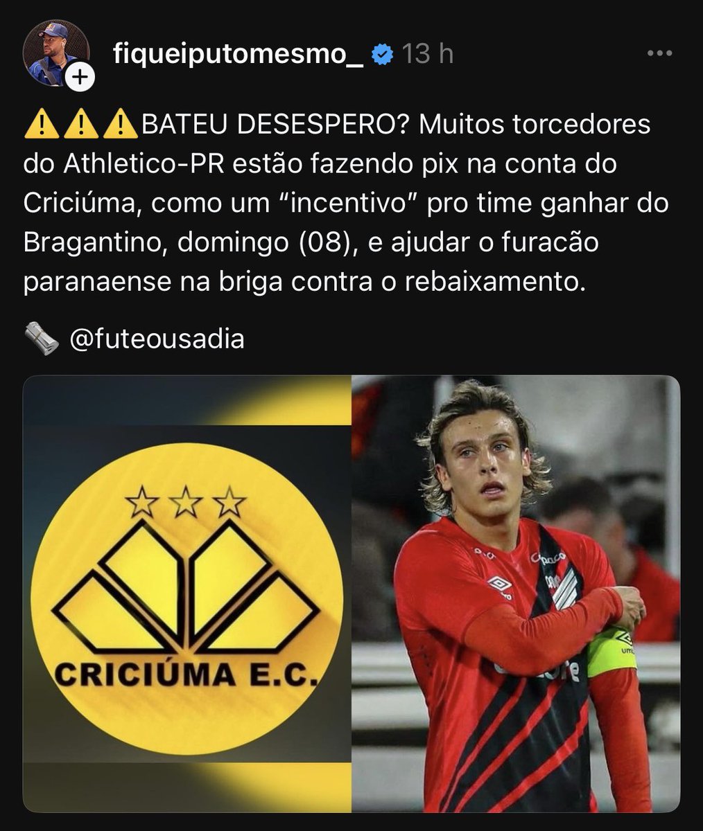 Torcedores de clubes ameaçados que quiserem dar um incentivo para o Criciúma, podem fazer um pix na minha conta que eu repasso os valores para o clube! Só chamar na dm!