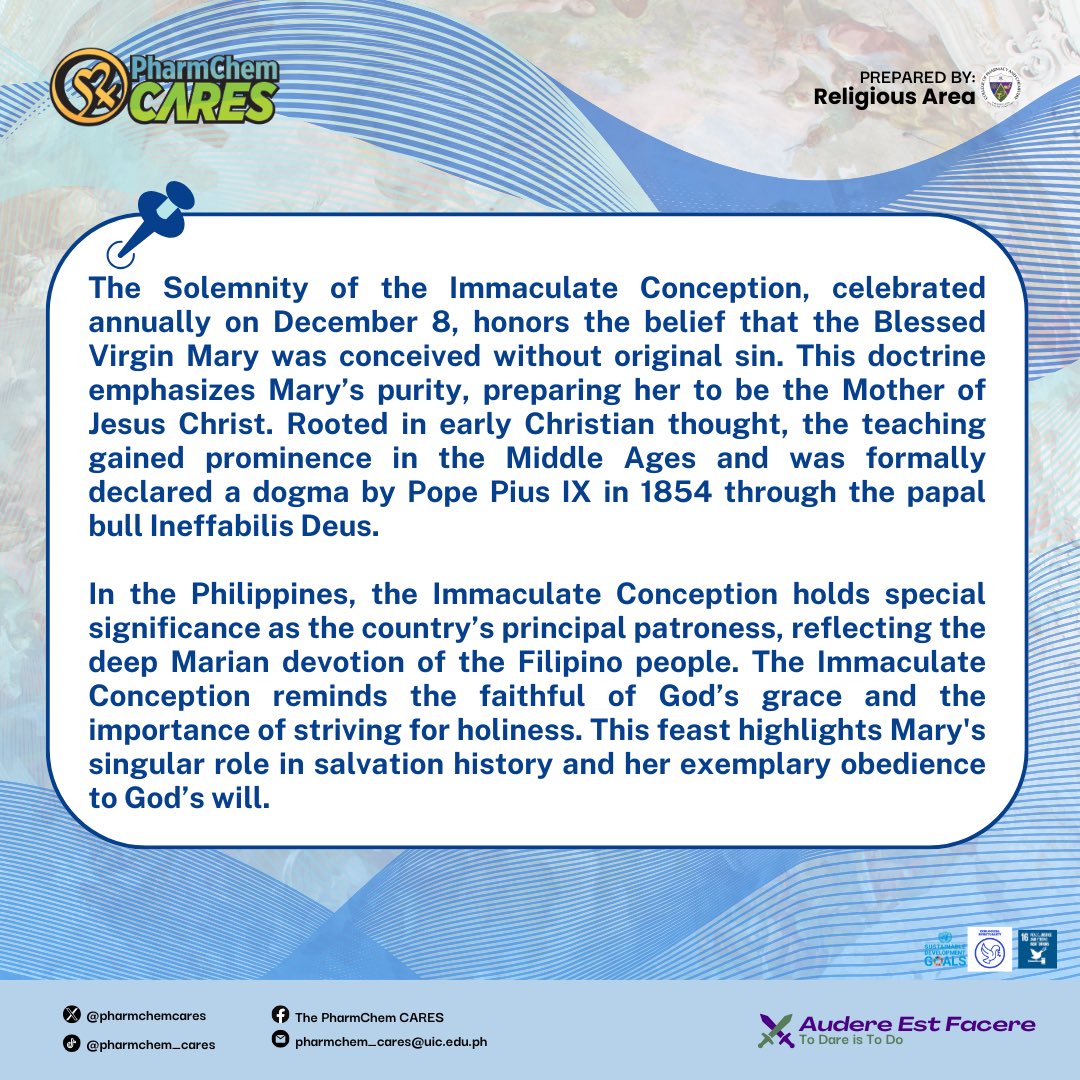 pharmchemcares's tweet photo. Salve, Vipers! 🐍

Today, we celebrate the mystery of the Immaculate Conception, a cornerstone of our faith solemnly defined by Pope Pius IX in his apostolic constitution, "𝐈𝐧𝐞𝐟𝐟𝐚𝐛𝐢𝐥𝐢𝐬 𝐃𝐞𝐮𝐬," on December 8, 1854. ✨

#PhChCARES💜💚
#AudereEstFacere⚔️
#UIC https://t.co/N1a4gc7pdZ
