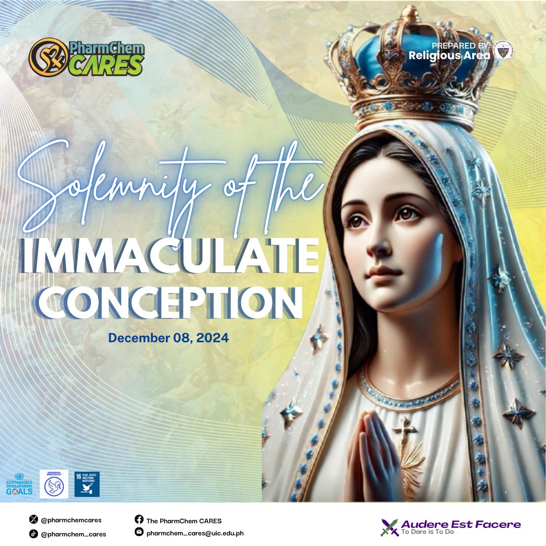 pharmchemcares's tweet photo. Salve, Vipers! 🐍

Today, we celebrate the mystery of the Immaculate Conception, a cornerstone of our faith solemnly defined by Pope Pius IX in his apostolic constitution, "𝐈𝐧𝐞𝐟𝐟𝐚𝐛𝐢𝐥𝐢𝐬 𝐃𝐞𝐮𝐬," on December 8, 1854. ✨

#PhChCARES💜💚
#AudereEstFacere⚔️
#UIC https://t.co/N1a4gc7pdZ