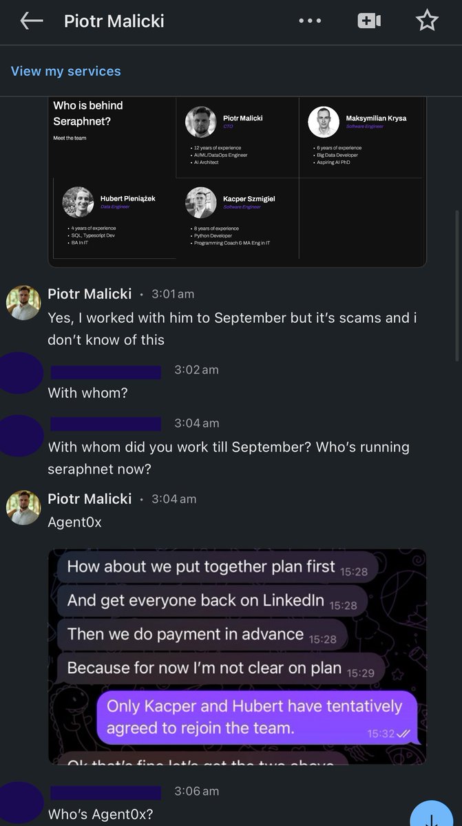VandelayArtz's tweet photo. Piotr told he worked at #Seraphnet till september and proceeded to say its a SCAM and its run by Agent0x
But who's Agent0x?
2/n https://t.co/nCnDLgDiPn
