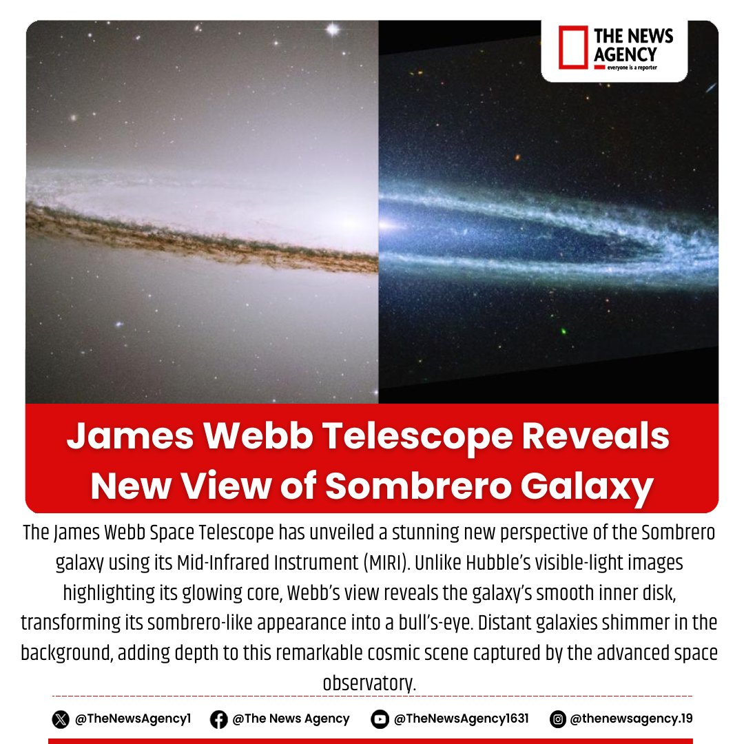 TheNewsAgency1's tweet photo. #JamesWebbTelescope #SombreroGalaxy #NASAWebb #SpaceExploration #CosmicDiscovery #Astronomy #GalacticView #InfraredImaging #AstroPhotography #HubbleVsWebb  #ISRO #SpaceX https://t.co/RbB4XbdbdR
