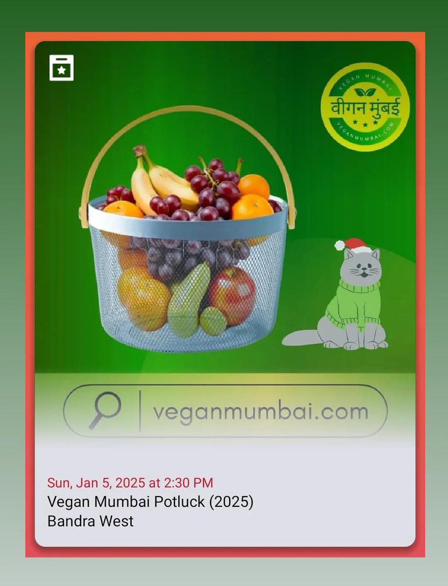 You're invited to another #VeganMumbaiPotluck in #BandraWest on Sunday, 5th January 2025

Get full info at the website:

📱potluck.veganmumbai.org
@ fb.com/veganmumbaicom…

#veganmumbai #VEGAN #veganindia #vegansudesh #veganpotluck #veganmumbaifoundation #helevier #MissUniverse