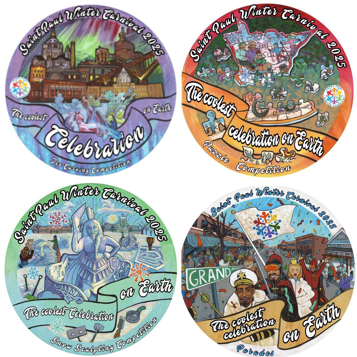 StPaulWinter's tweet image. 2025 Saint Paul Winter Carnival Buttons, sponsored by Visit St  Paul and the St Paul Downtown Alliance, designed by St Paul, Minnesota artist, Heather Friedli are now revealed &amp;amp; ready to purchase! Find them at any Cub location, Blaze Credit Union locations. We love them so much!