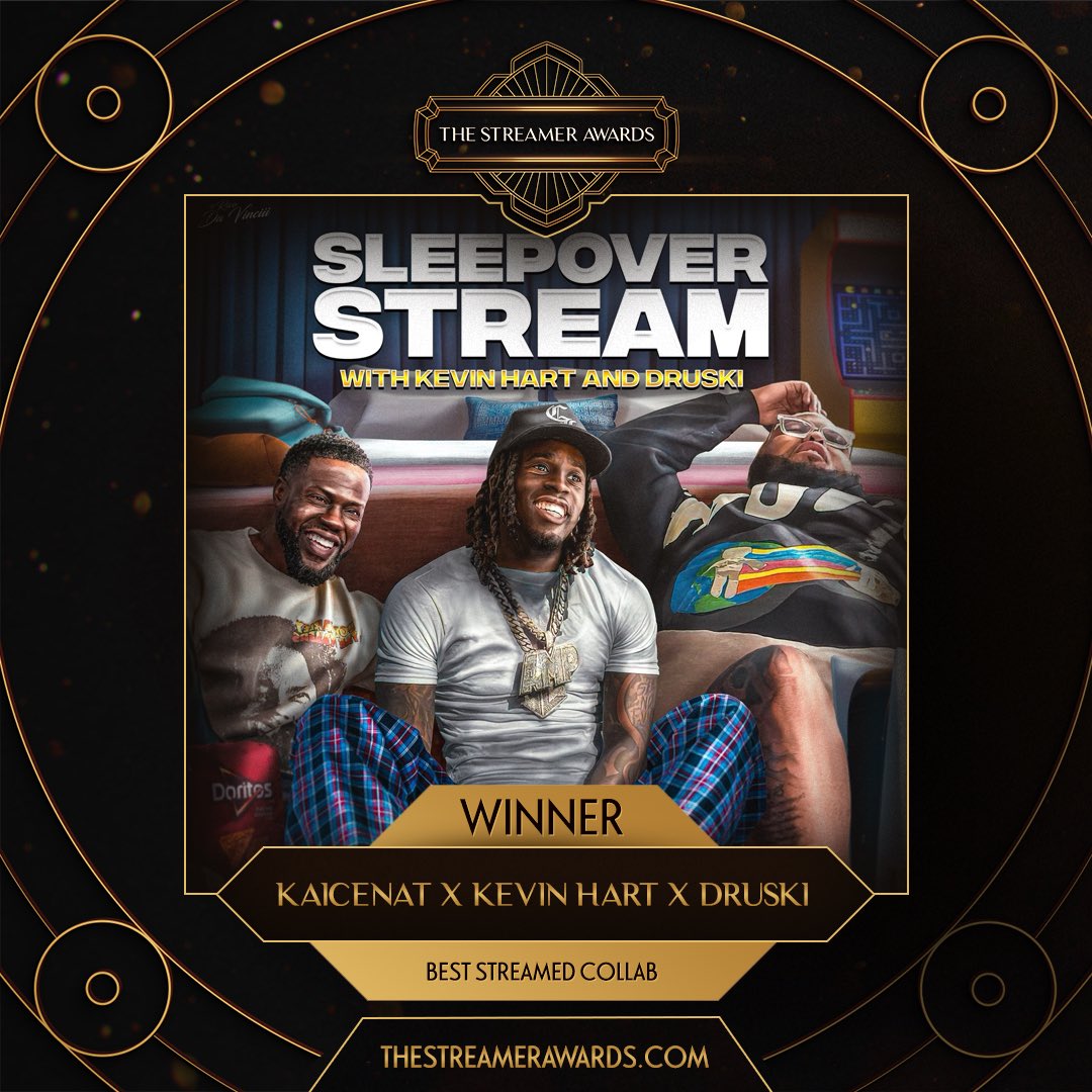 StreamerAwards's tweet photo. Pulling over 650,000 live viewers, not a single corner of the internet could help but talk about this collab. Fighting, dancing, Facetiming with Lebron James, and just vibin’. This was one for the books!

Best Streamed Collab goes to @kaicenat @kevinhart4real @druski!

https://t.co/rgwj5lPg8H