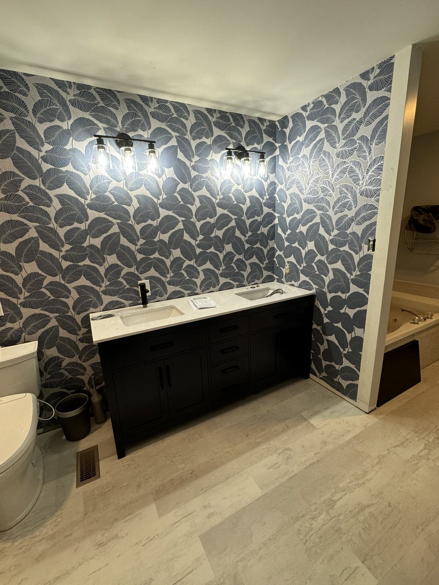 JamieWunderle's tweet photo. Bathroom progress!!! Finally seeing my vision.   Still have a lot of small touches, finishing the shower, baseboards and a few sections of wallpaper. https://t.co/XJ4WeuUnLv