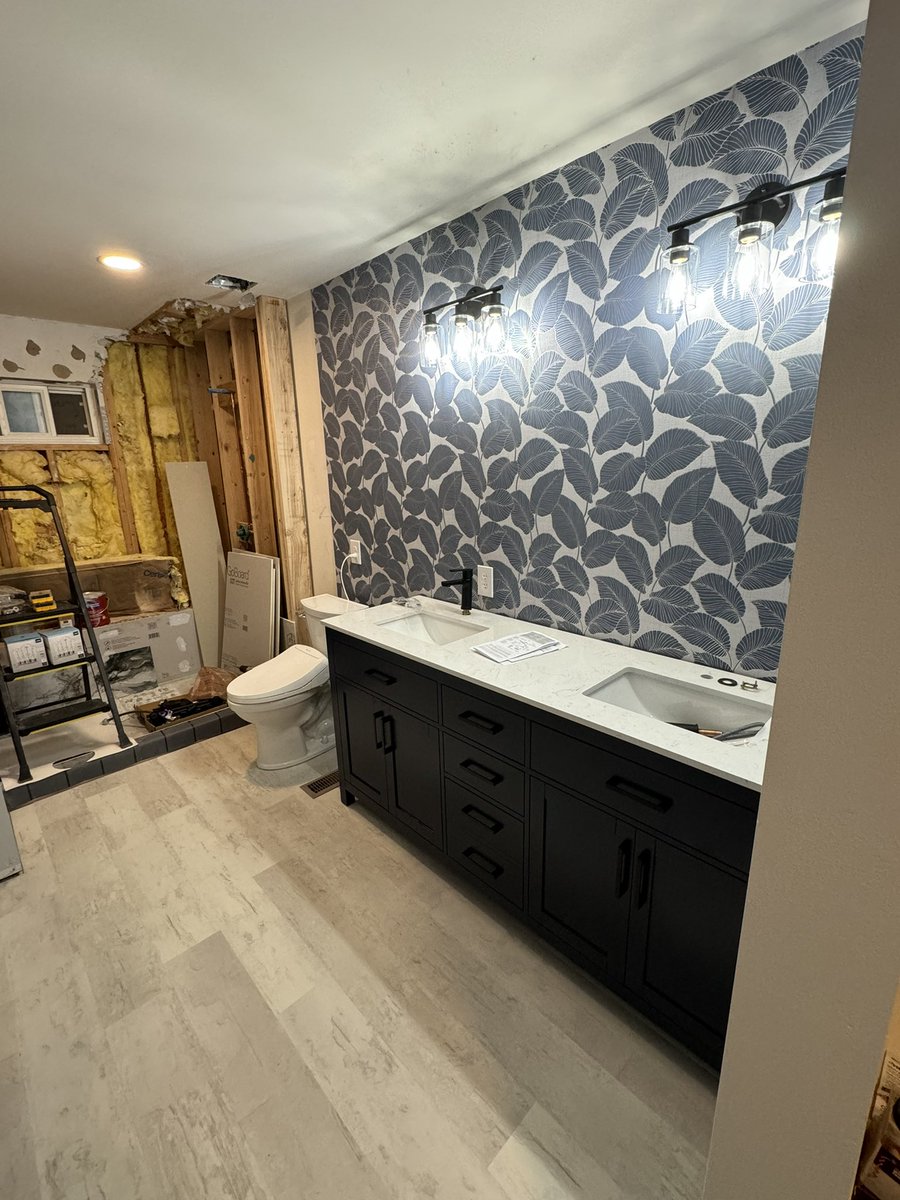JamieWunderle's tweet photo. Bathroom progress!!! Finally seeing my vision.   Still have a lot of small touches, finishing the shower, baseboards and a few sections of wallpaper. https://t.co/XJ4WeuUnLv
