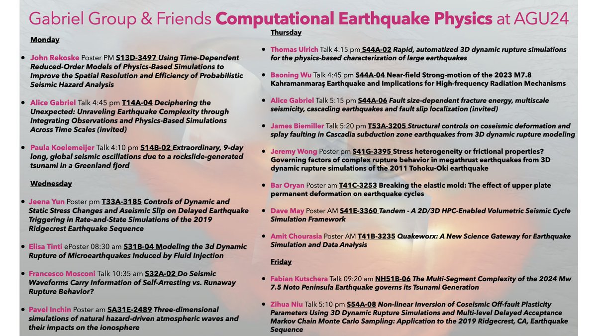 Heading to #AGU24 <a href="/theAGU/">AGU (American Geophysical Union)</a>? Don’t miss our group &amp; friends' presentations covering a wide range of computational earthquake physics!