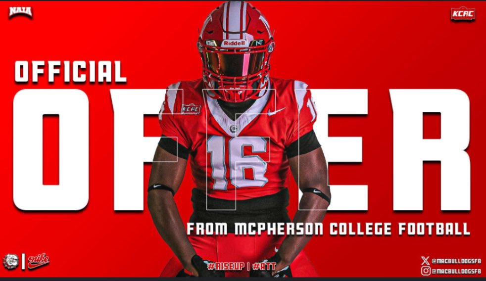 #AGTG As I have received an Offer from <a href="/MACBulldogsFB/">McPherson Football</a> I am grateful for another opportunity to play at the next level! <a href="/CoachLeppke/">Mitch Leppke</a> <a href="/JoshPisik/">Coach Pisik</a> <a href="/Kscott9983/">Coach K.Scott</a> <a href="/CoachDC940/">David Cavitt</a> <a href="/trucker89/">Taurus Rucker</a> @N_Garland_HS_FB <a href="/NGHSRAID3RATHDP/">NORTHGARLANDRAIDERSATHLETICS</a> <a href="/NGHS_Raiders/">North Garland HS</a>