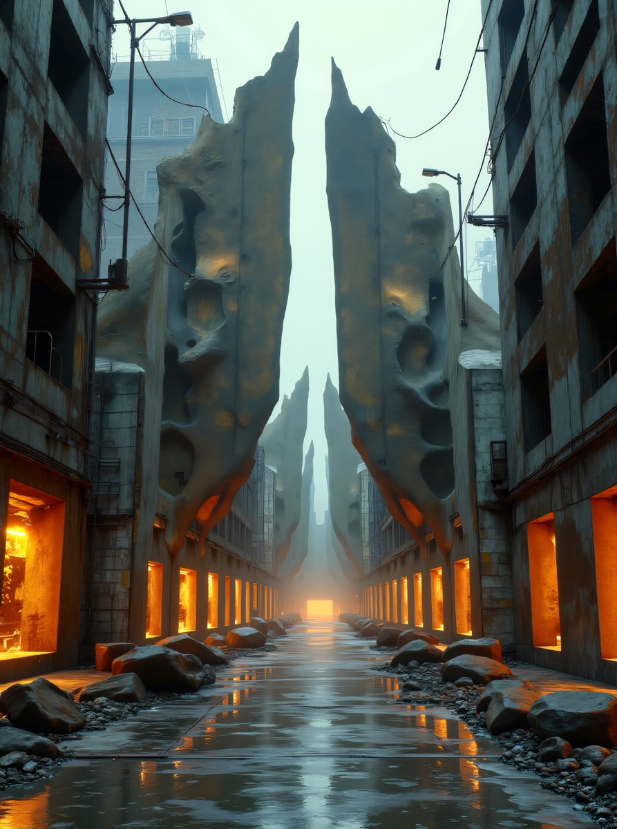 CyberGenixAi's tweet photo. Colossal sculptures of rusted metal & concrete stand as haunting reminders of vanished industries, their empty spaces echoing forgotten histories. #Cybergenix #AIart #UrbanArt #ContemporarySculpture #digitalart #AIartists #aiartcommunity #aiartdaily #NFT #nftartist #NFTCommunitys