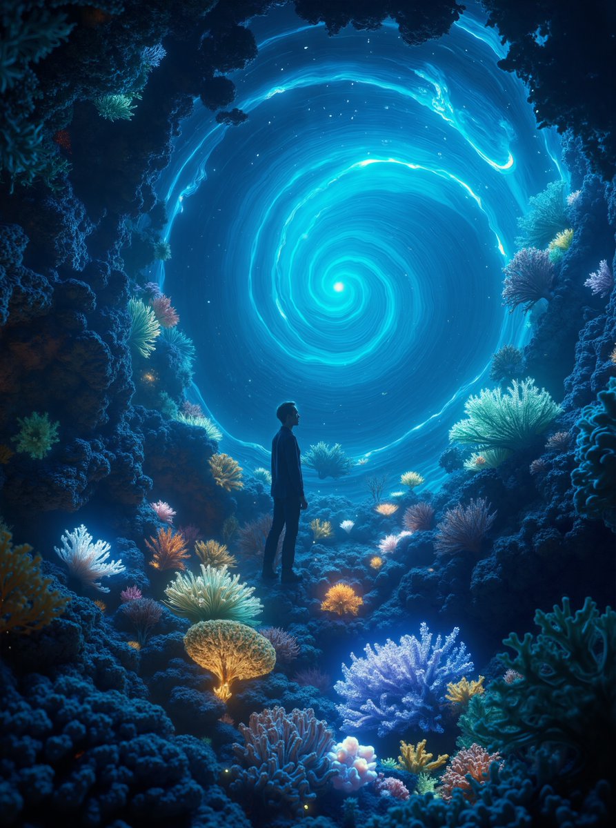 CyberGenixAi's tweet photo. Dive into a mesmerizing vortex of ocean blues &amp; greens where bioluminescent coral pulses with ethereal light. ��✨ Hear the symphony of marine life amplified by Oceanic Echoes, an immersive sound installation exploring climate change &amp; our connection to coral reefs. #Cybergenix https://t.co/FARjtdKui8