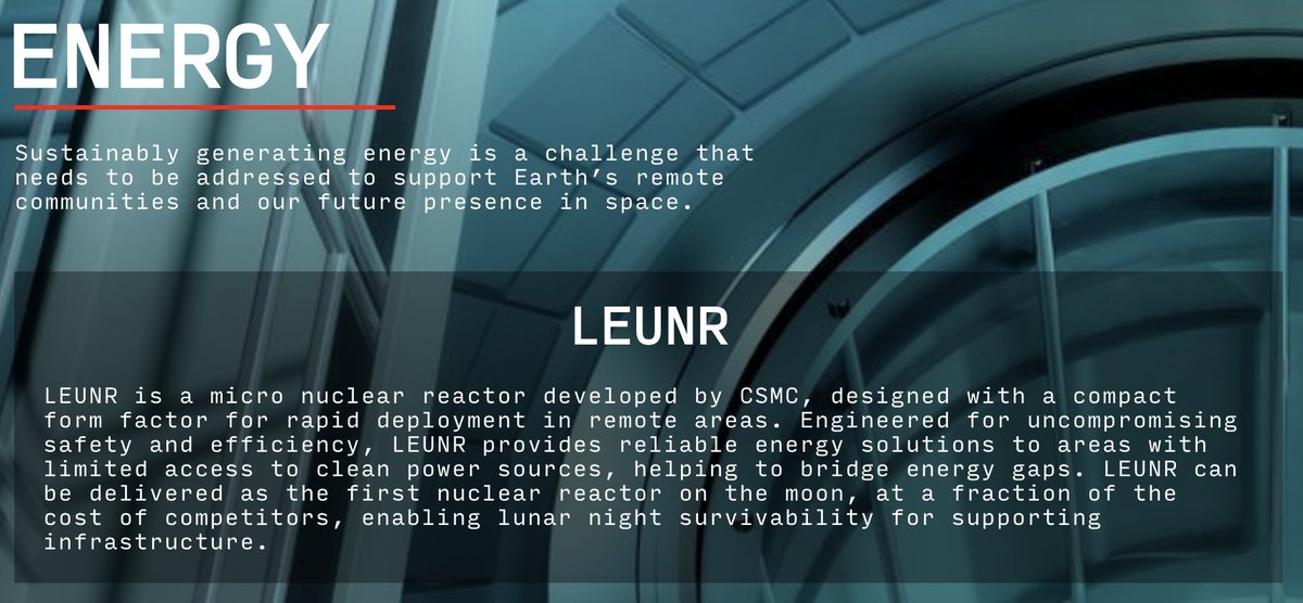 Today we're moving up North a little bit to where I spent my formative years: #Canada.

<a href="/csmc_scms/">CSMC</a> seems is an under the radar, small early team with a lot of very experienced and senior leadership.

LEUNR is not an SMR but a MMR (Micro Modular Reactor).

As an ULTRA rough