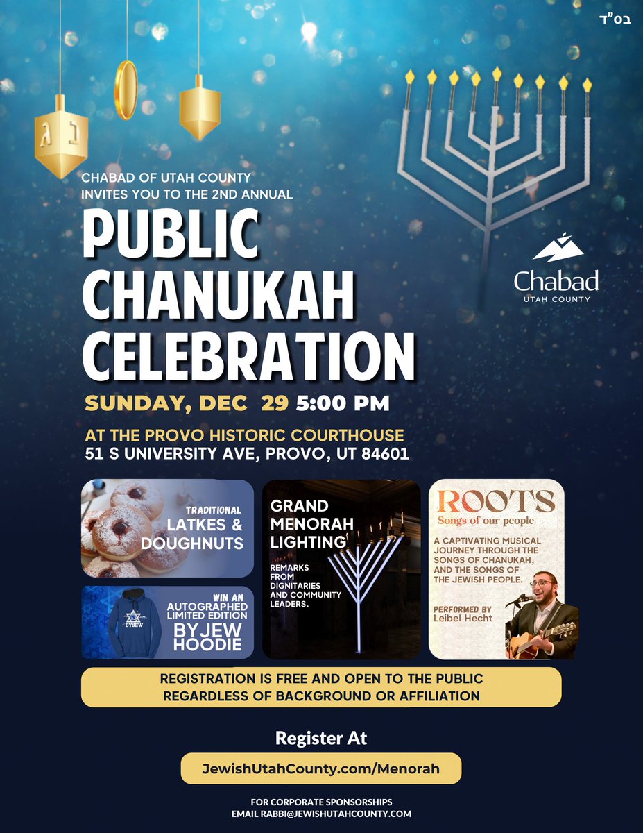 Utah County Friends, join us for the 2nd annual Utah County Chanukah Celebration at the Provo Historic Courthouse!

👀 You could win an autographed limited edition BYJew Hoodie!

Dec 29 5:00PM

Open to the public regardless of background or affiliation. 

Jewishutahcounty.com/menorah
