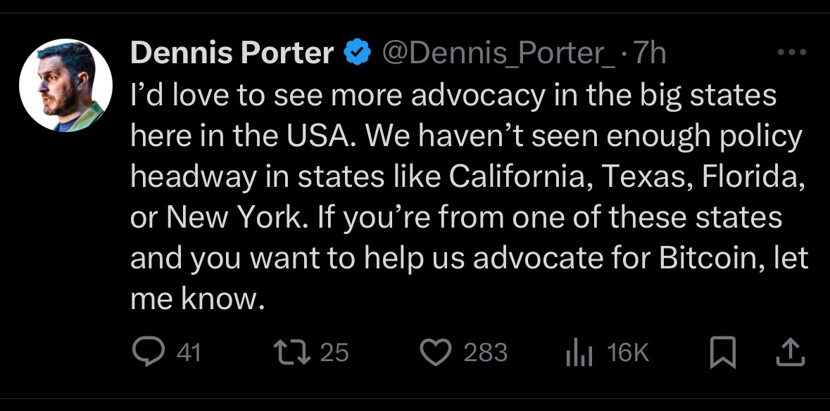 samuelarmes's tweet photo. If you are ready to help with policy in states like California, Texas, New York, and Florida, 

This is your call to action!! 🫵

I’ll show you exactly how to get involved. 

Let’s start with Texas: 

Meet Lee Bratcher of Texas @lee_bratcher 

Lee founded the Texas Blockchain Council in 2019 

Lee is the most well connected bitcoin advocate in Texas. He is responsible for every peice of legislation that Texas has 

Created, Introduced, and Passed

He is the most well known Bitcoin advocate in Texas and has the ability to get anything and everything done in the state 

If you are in the State of Texas and have not yet gotten involved in bitcoin policy

But have always wanted to

Now is your chance! Reach out to Lee to get plugged in.

Comment and retweet with policies you’d love to see Lee push in Texas! 

I’ll be posting more tweets bringing awareness to how you can get involved  in each state!
