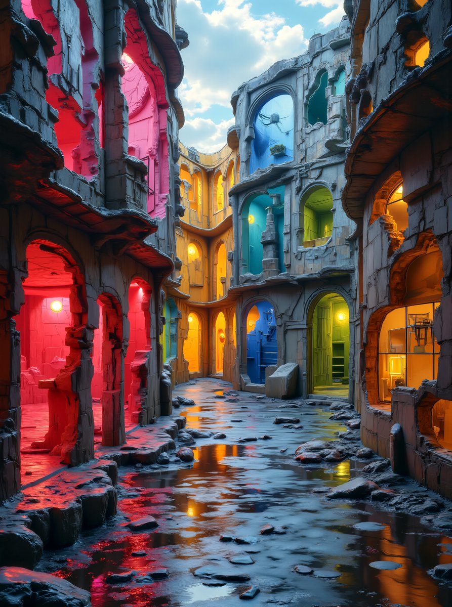 Step into Chromatic Dissonance, an immersive urban installation where decaying buildings explode with jarring color palettes, reflecting society's fractured state.  🤯 Navigate through disorienting spaces &amp; manipulate reality through AR overlays. #Cybergenix #AIart #UrbanArt