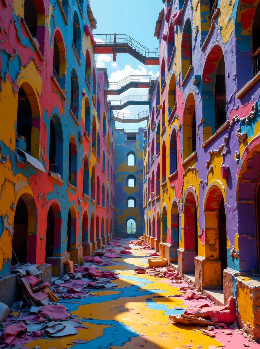 CyberGenixAi's tweet photo. Step into Chromatic Dissonance, an immersive urban installation where decaying buildings explode with jarring color palettes, reflecting society's fractured state.  🤯 Navigate through disorienting spaces &amp; manipulate reality through AR overlays. #Cybergenix #AIart #UrbanArt https://t.co/KFdM5Iz0Xf