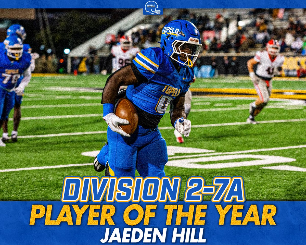 TupeloAthletics's tweet photo. ⭐️ 𝟮-𝟳𝗔 𝗣𝗟𝗔𝗬𝗘𝗥 𝗢𝗙 𝗧𝗛𝗘 𝗬𝗘𝗔𝗥

Jaeden Hill is your 2024 POTY! The Jr. RB racked up 2,215 net rushing yds &amp; 34 touchdowns along with 265 receiving yards &amp; 3 receiving touchdowns! 

#FloodWarning | #LGW https://t.co/esR8Bd5Fp4