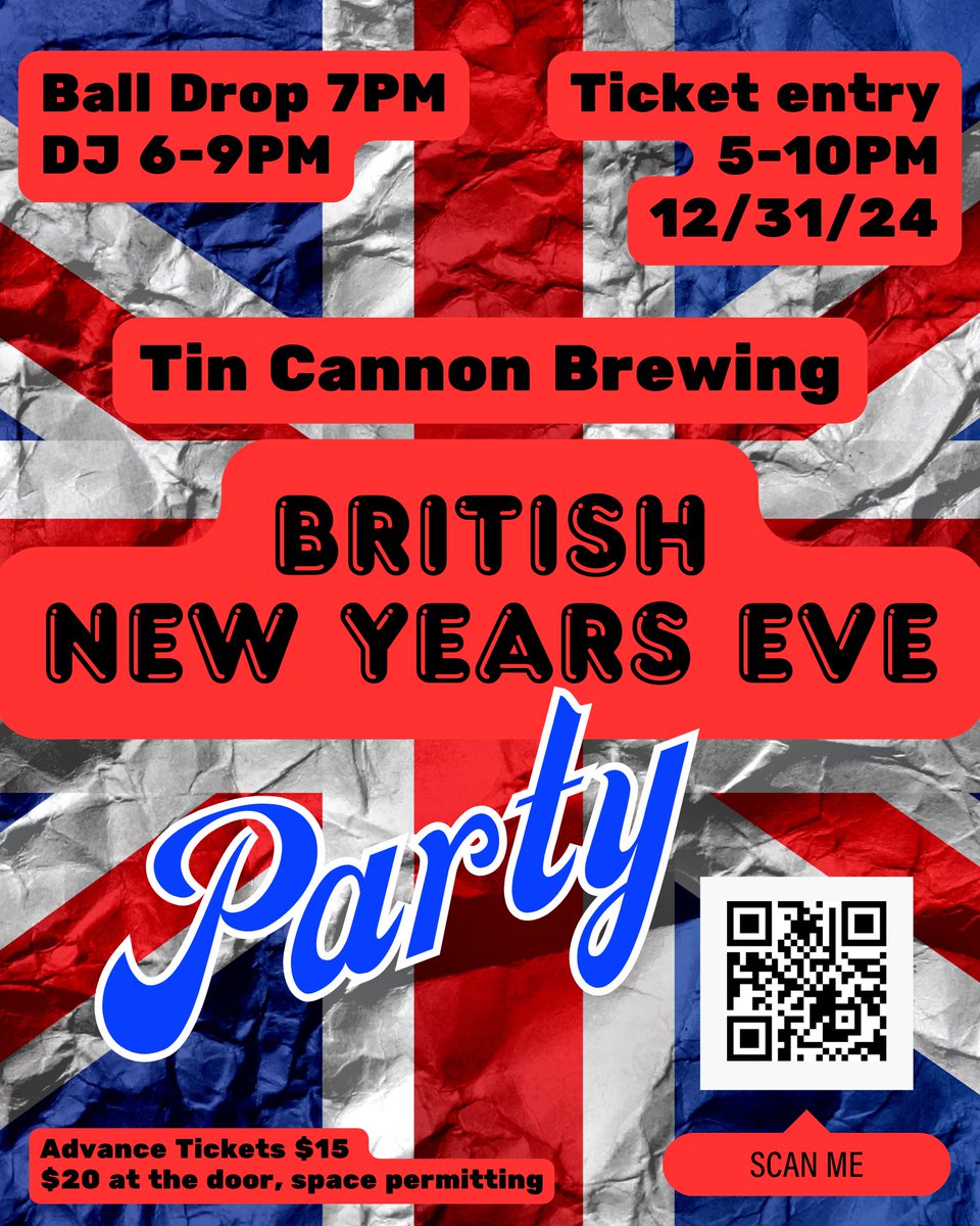Join us for our British New Year’s Eve Party! 12/31/24, 5-10PM. Tickets are $15 in advance, $20 at the door (space permitting). DJ 6-9PM, countdown/balloon drop 7PM, dancing, snacks, hats, horns! Dress in your British attire or NYE outfit! Ticket link: commerce.arryved.com/location/BR8YM…?