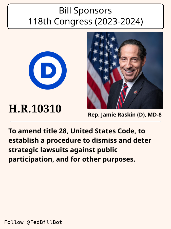 FedBillBot's tweet image. H.R.10310
To amend title 28, United States Code, to establish a ...

SPONSOR: @RepRaskin @jamie_raskin
№ CO-SPONSORS: 1

STATUS: Introduced

LATEST ACTION: House floor - 2024-12-05 Referred to the House ...

#Democrats

congress.gov/bill/118th-con…