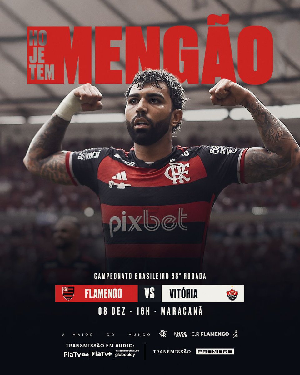 HOJE TEM MENGÃO! 🔴⚫️💪🏼

Às 16h, o Mengão enfrenta o Vitória, pela última rodada do <a href="/Brasileirao/">Brasileirão Betano</a>, no Maracanã! Esse jogo promete muitaaaas emoções na despedida de Gabigol! 

#VamosFlamengo #FLAxVIT