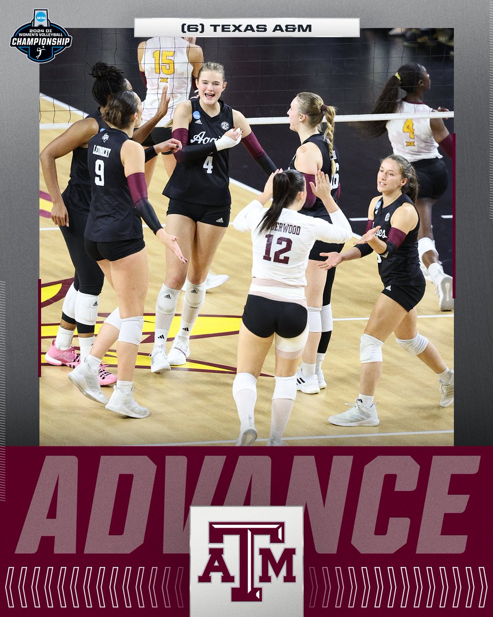 NCAAVolleyball's tweet photo. GIG EM 👍

(6) @AggieVolleyball takes out (3) Arizona State in four sets to advance to the Round of 16!

#NCAAWVB https://t.co/IAlYj7sTqA