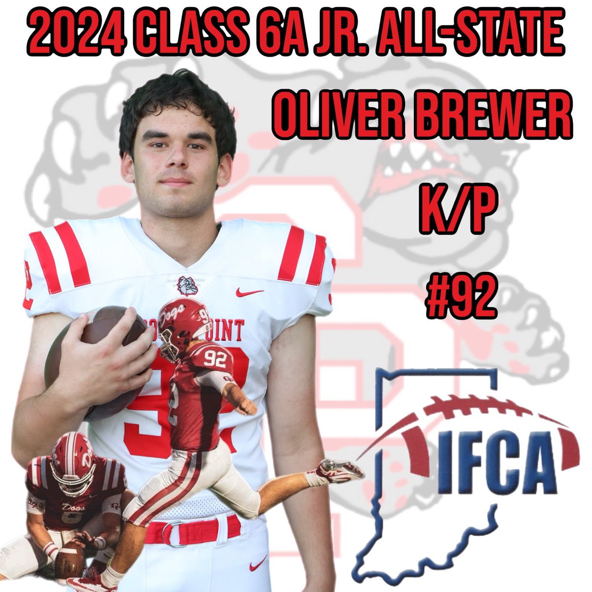 CPdogsfootball's tweet photo. Congrats to Sophomore Kicker Oliver Brewer for being named IFCA Jr. All-State kicker. O. N. E. https://t.co/6aW1XXowpQ