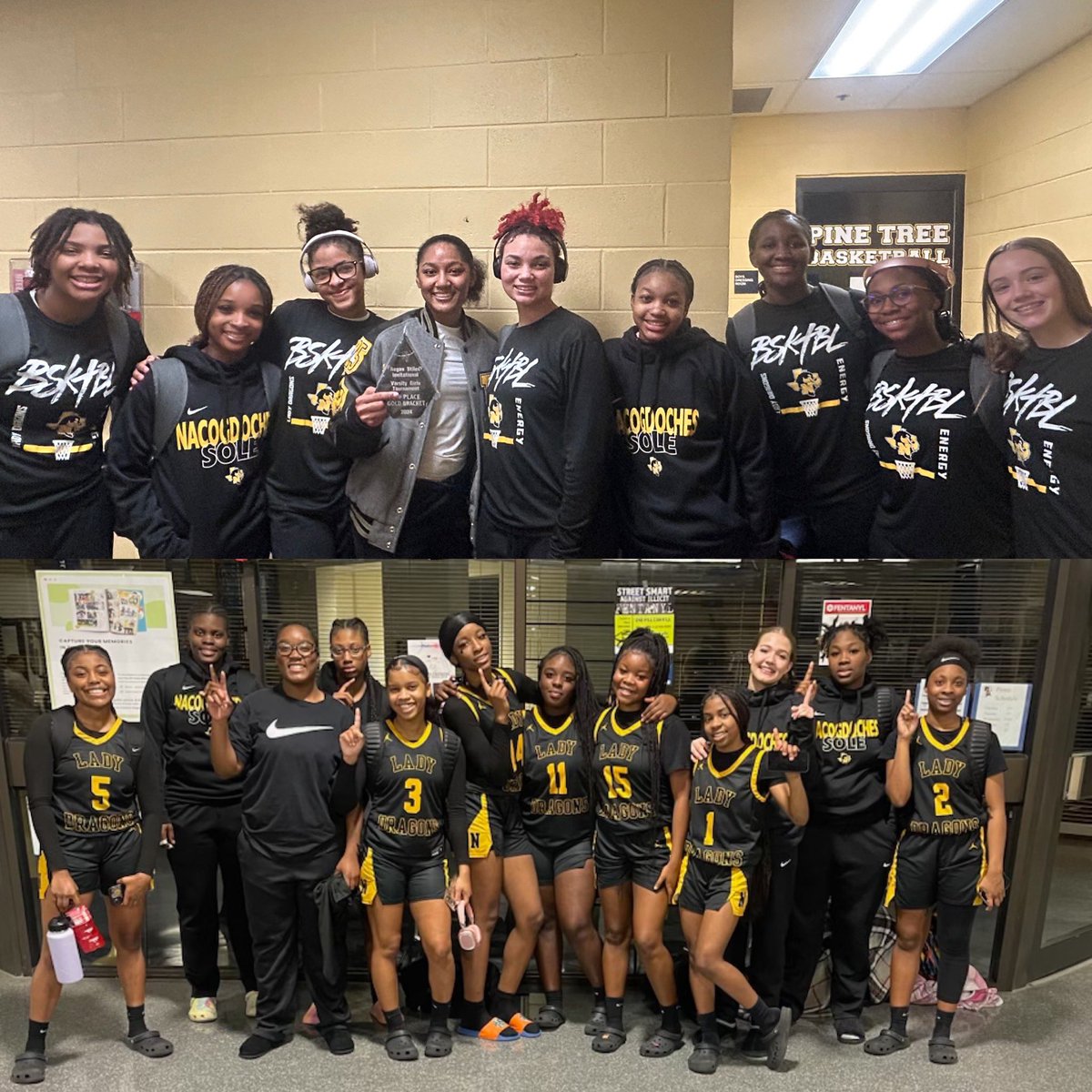 H_Scroggins's tweet photo. The Lady Dragons are your Tournament Champions. The Varsity is the Gold Bracket Champions and the JV is the Silver Bracket Champions of the Pine Tree Varsity and JV tournaments 🖤💛 https://t.co/xxx9ISnOQg