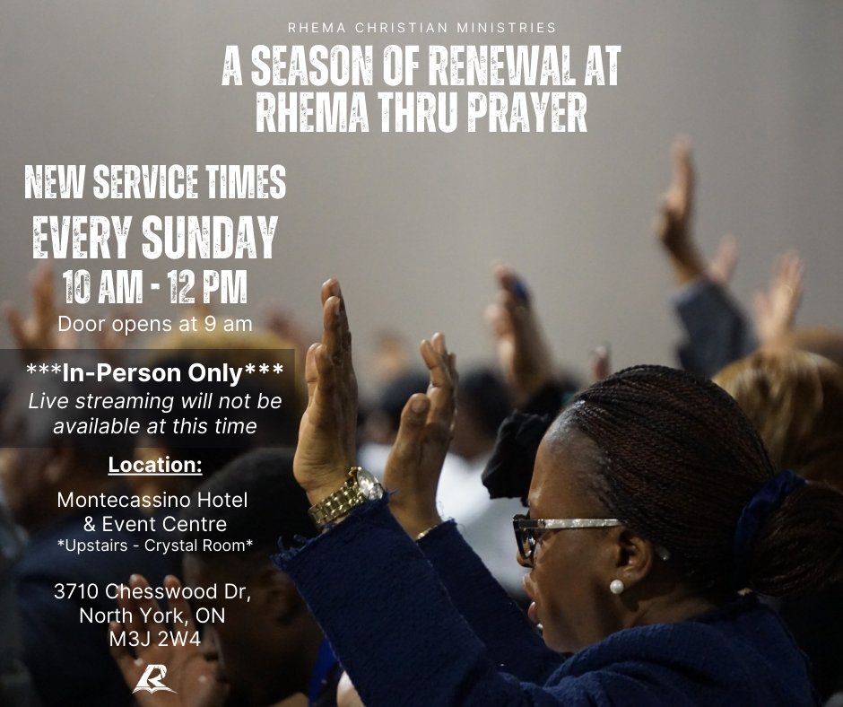 rhemacanada's tweet image. JOIN US!

Starting this Sunday, December 08, 2024

A Season Of Renewal At Rhema Thru Prayer

Time: 10:00 am - 12:00 pm
Doors will open at 9:00 am

***In-person-only, live streaming will not be available at this time.

#Repentance #2ndChance #Refocusing