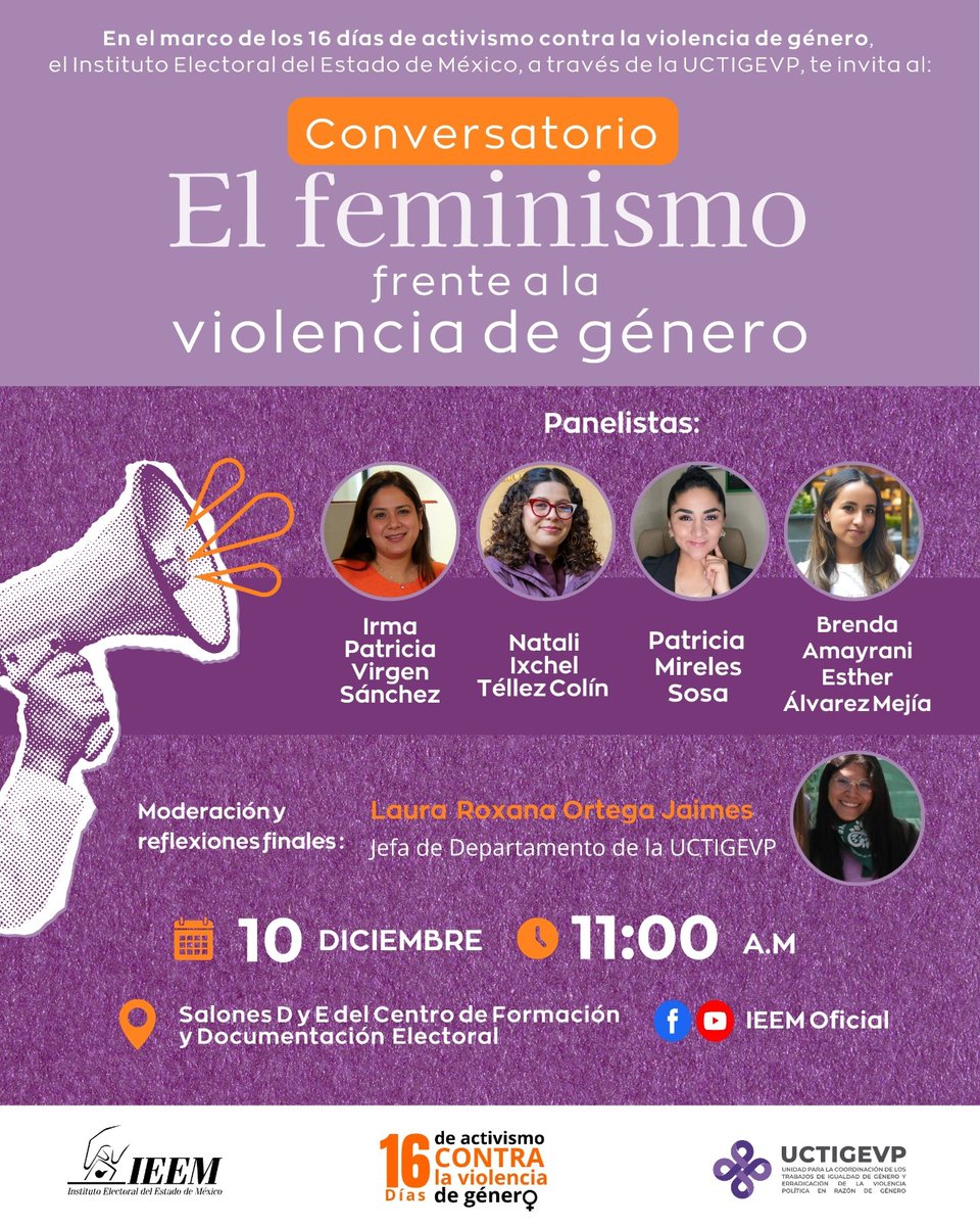 ¡No te pierdas el Conversatorio “El feminismo frente a la violencia de género”!

🗓️ 10 de diciembre, 11:00 hrs.
📍 Salones D y E del CFDE