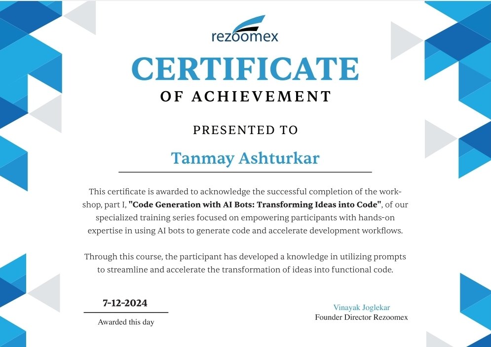 tanmay_7961's tweet photo. Excited to have attended @Rezoomex workshop! Learned how to generate code using prompts, explored Python fundamentals.Grateful for the valuable knowledge gained and looking forward to applying these skills in future projects! #Rezoomex https://t.co/DU7Sjow32D