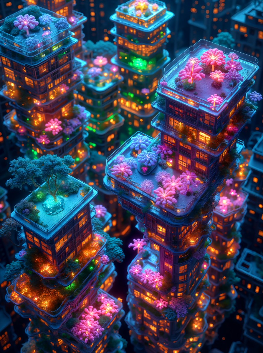 Bioluminescent modules bloom &amp; shift color in this AI-powered living architecture! 🏙️ 🌸 Imagine walls that flower, energy-generating roofs, &amp; a decentralized network connecting it all. #Cybergenix #AIart #SustainableArchitecture #FutureCity #digitalart #AIartists #aiartcommunity