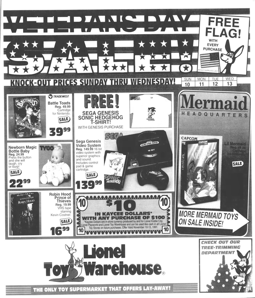SpriteCell's tweet photo. Last one of these: Lionel Kiddie City is offering a free flag and is mermaid headquarters, Sears is selling some NES games for $9.99, Toys "R" Us is pushing Godzilla: Destroy All Monsters Melee, and a much later TRU catalog has a short story written by a child. https://t.co/SHYbK2Vq3b