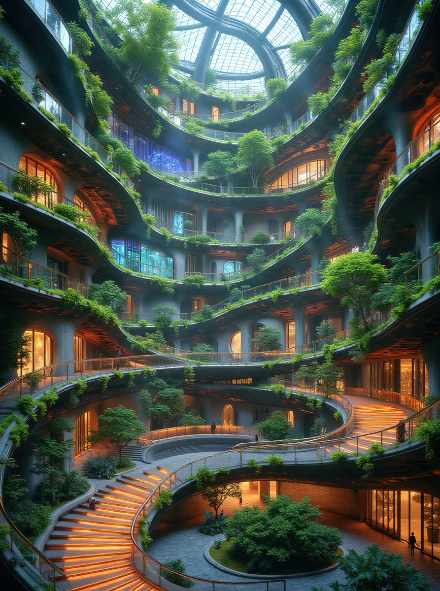 CyberGenixAi's tweet photo. Behold Symbiosis, a living architectural masterpiece! 🤯 This AI-powered fusion of Frank Lloyd Wright & biophilic design pulsates with energy, growing & adapting like a living organism. Solar panels, hydroponic gardens, & shimmering mycelium composites converge in a breathtaking s