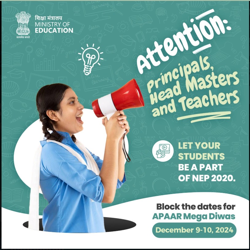 SchoolEduChd's tweet image. The biggest revolution in Education by @EduMinOfIndia . Lock your dates to be a part of #MegaApaarDiwas . 
#9thDecember
#10thDecember