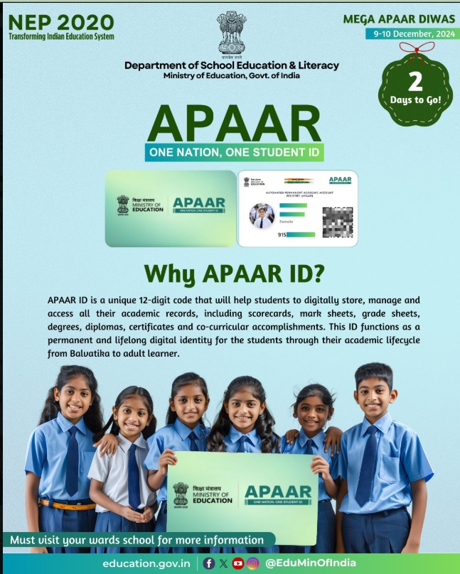 SchoolEduChd's tweet image. The biggest revolution in Education by @EduMinOfIndia . Lock your dates to be a part of #MegaApaarDiwas . 
#9thDecember
#10thDecember