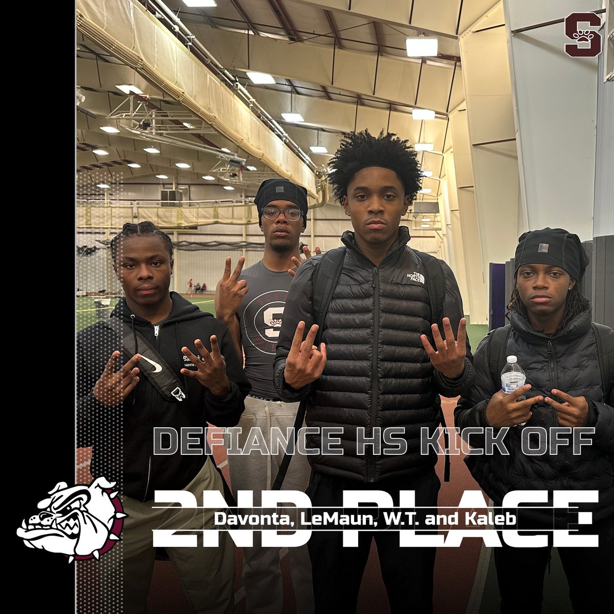 Congratulations to Scott ‘A’ team for placing 2nd in a down to the wire finish in the 4x200m relay at the Defiance HS kick off,  running a time of 1:34.71! Breaking the previous school indoor record of 1:36.63!