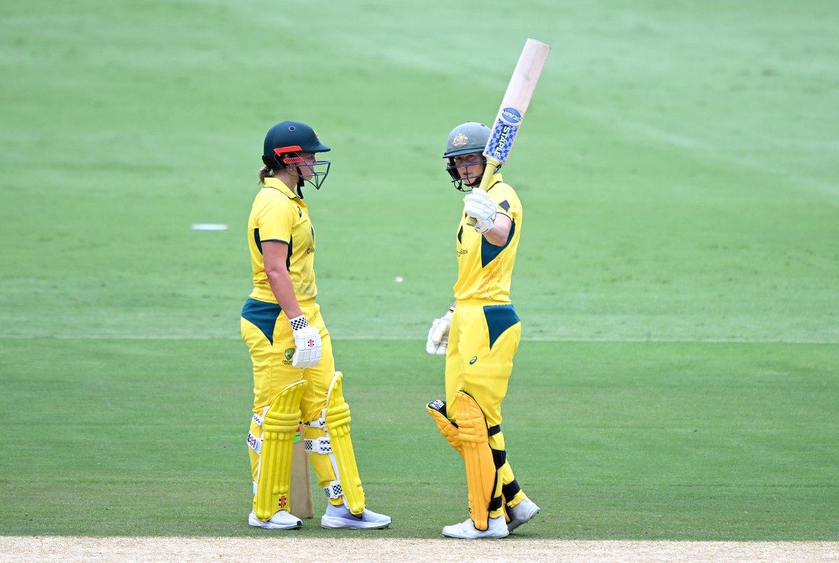 ICC's tweet photo. Centuries from Ellyse Perry and Georgia Voll have powered Australia to a massive total in the second #AUSvIND Women’s ODI 🔥
#IWC25 | 📝: https://t.co/CQ9BAD6Zsa https://t.co/h5ePrMRQyc