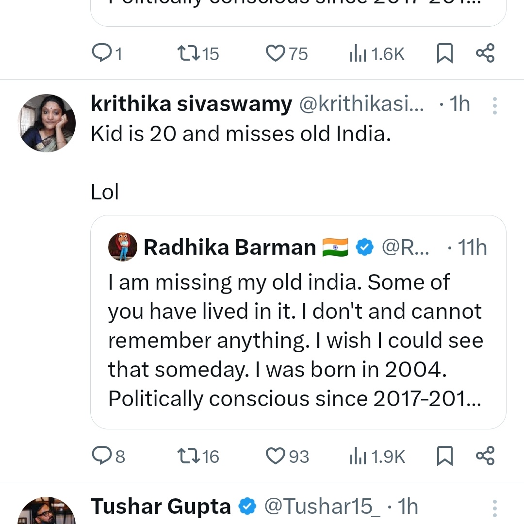 RadhikaBarman5's tweet photo. To answer this question asked by some: Yes, there is something to miss, and I miss it. I miss the times when peace wasn’t a rare commodity. I was in class 4 then. The day after Modi came to power, two of my classmates argued about religion. DB (a Hindu) smugly told SB (a Muslim): “How can you do dharam? You’re a Muslim. Muslims are bad. I’m happy Modi has come.” SB, a 9-year-old, couldn’t even muster a response.

That was just the beginning. Over time, such conversations grew louder and nastier. One of our teachers told us about a class 3 girl saying, “I shudder to think I breathe the same air as non-vegetarians.” Imagine being so brainwashed before even learning algebra.

So yes, I have memories, ones I wish I didn’t. In 2013, I was 8. In 2014, I was 9. That argument didn’t happen in 2013. Why? Because 2013 was UPA. That’s how a change in government seeps into playgrounds and classrooms, turning innocence into prejudice. Kids are curious, they observe everything, and such poison sticks. I miss a time when kids weren’t parroting hate they heard at home or on TV. However my friends did post 2014.

I didn’t grow politically conscious out of ambition, it was out of necessity. Injustices were everywhere: mob lynching, communal polarization, Judge Loya’s mysterious death, Asifa’s gang rape justifications. Yes, justifications. I entered politics in 2018 because staying silent wasn’t an option anymore.

And here’s another thing I miss. We used to have school assemblies about Unity in Diversity, how God has no religion, how secularism means tolerance. I was just 9, but guess what? Even I could understand that message. Today, schools wouldn’t dare do something so bold. Why? Fear of trolling. Imagine living in a world where teaching kids to coexist makes you a target.

After 2015, those assemblies stopped. The last one was in 2019, a quiet protest against CAA-NRC. And now? Muslim kids as young as 6 are told to “Go back to Pakistan,” mocked for eating biryani, and bullied by classmates. That didn’t happen in my school days. You know why? Because back then, being secular wasn’t a crime.

I miss that fraternity. I thank my stars I didn’t have to witness today’s hate-soaked playgrounds. You won’t understand this you can’t. You’ve traded humanity for bigotry, and it shows.