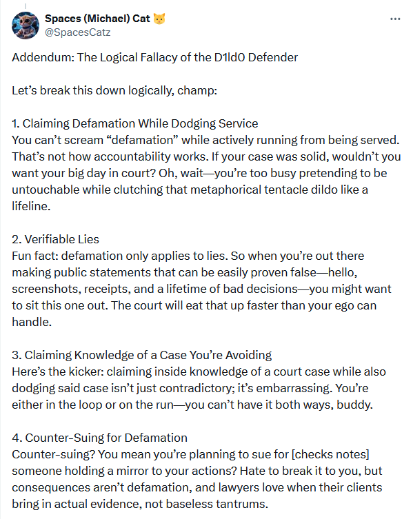 catz_hatz's tweet photo. 1. People ain't dodging, You just ain't serving
2. What lies where verified and by whom? 
3. It's not an issue, you haven't served anyone yet.
4. You have no lawyer. You submitted your own threats, lies and contradictory evidence into the record 

https://t.co/siTAW17TrP https://t.co/ZLgHOLW7JU